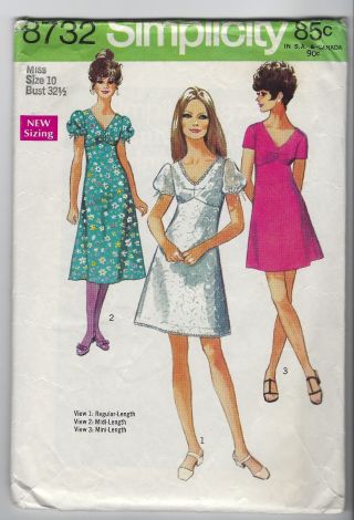 Vtg Simplicity 8732 Misses Dresses Pattern Sz 10 Bust 32.  5 Vtg 1970 Retro