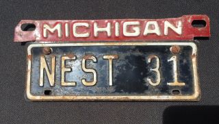 Rare Antq Possible 1931 Vanity Motorcycle Plate “nest 31” W/ Michigan Topper