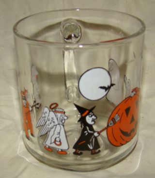 Vtg Luminarc France Halloween Pumpkin Ghost Witch Skeleton Glass Mug Cup