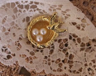 Vintage Gold Plated 1 " Shank Button Sweet Sparrow And Bird Nest And Pearl Eggs