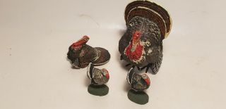 4 Pc Antique Plaster Turkeys Made In Germany - 1 In To 4 In - Orig Paint - Nr