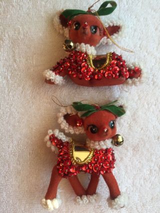Set Of 2 Vintage Sequined Flocked Reindeer Christmas Ornament