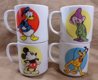 Dopey,  Mickey,  Donald,  Pluto Vintage Mugs Walt Disney Productions Japan World