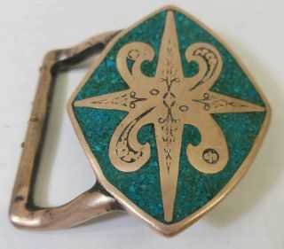 Vintage Western Brass Belt Buckle with Blue Green Crushed Turquoise Inlay 5
