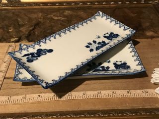 2 Asian Porcelain Blue & White Sushi Plates Child Butterfly Floral Design 8 1/8 "