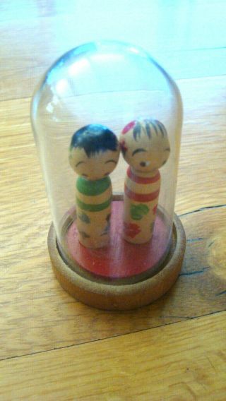 2 Small Vtg Wood Kokeshi Dolls Pair Girl Boy Bobbleheads In 2 3/8 " Glass Dome