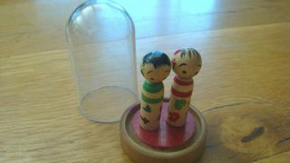 2 small vtg wood Kokeshi dolls pair girl boy bobbleheads in 2 3/8 