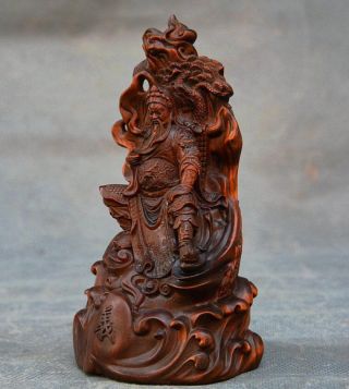 Chinese Natural Boxwood Wood Guan Gong Yu Warrior God Kwan Kung Pavilion Statue 5
