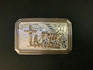 Montana Silversmiths Belt Buckle Brown Rope And Pinpoints Buckle W/ Cowboy Cross