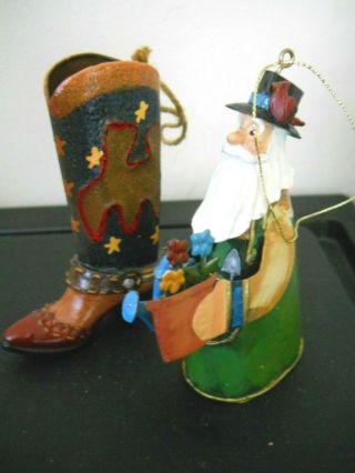 2 Metal Ornaments Cowboy Boot And Gardener 4 1/4 " Tall