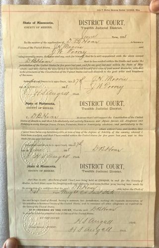 1898 Application For U.  S.  Citizenship - D.  B.  Hoar - Rare