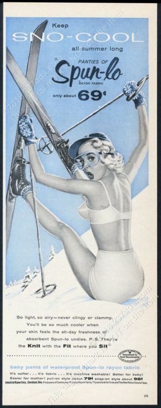 1955 Skiing Woman Pinup Pin - Up Art Spin - Lo Lingerie Vintage Print Ad