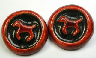 Vintage French Ceramic Button Set Of 2 W Dog Designs 1 Inch 1920s