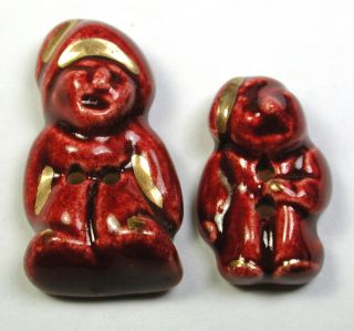 Vintage French Ceramic Button Pair Realistic Gnome Designs 3/4 " & 1 " 1920s