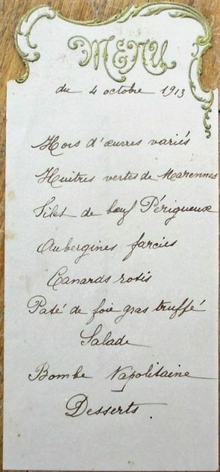 Menu: French 1913 Handwritten W/gold - Embossed Vignette & Diecut Top