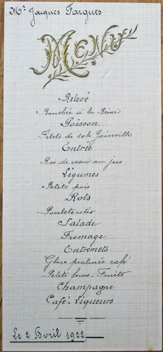 Menu: French 1922 Handwritten W/gold - Embossed Vignette - Ris De Veau Au Jus