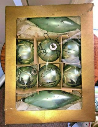 Vtg Set Of 8 Hand Blown Green Glass Ornaments W/mica West Germany In Orig Box