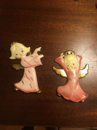 2 Vintage Yona Girl Angels Angel Pink Ceramic Ornaments