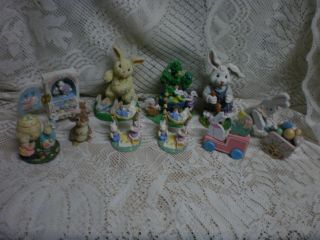 (10) Easter Figurines (8) Resin & (2) Wood.  Easter Bunnies,  Rabbits.