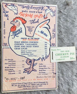 1930 Sf,  Calif.  Topsy’s Roost,  Chutes At The Beach Restaurant Souvenir Menu Tent
