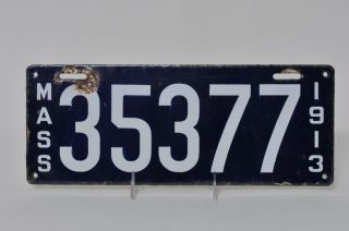 1913 Massachusetts Mass Porcelain License Plate Tag 35377 Blue White
