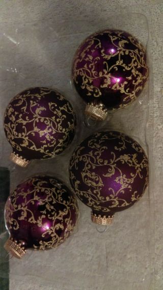 Christmas Ornaments Set Of 4 Glass Purple With Gold Glitter Design 2 3/4 " Ch478