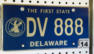 Delaware Veteran License Plate,  Dv 888,  Number