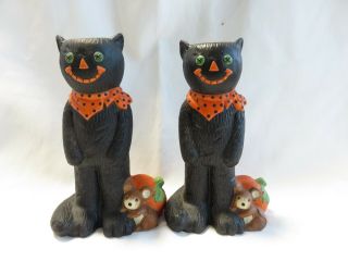 2 Hallmark Halloween Black Cat & Pumpkin Candle Holders