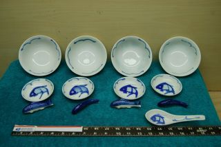 Vintage Blue White Chinese Porcelain Koi Fish Soup Bowls,  Sauce Dishes,  Figurines