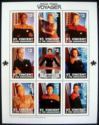 Star Trek Voyager Stamps Sheet Of 9 1996 Mnh St Vincent Janeway Tuvok Neelix Kim