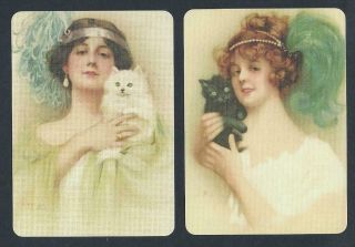 850.  132 Modern Wide Swap Card - Pair - Flapper Ladies With Cats