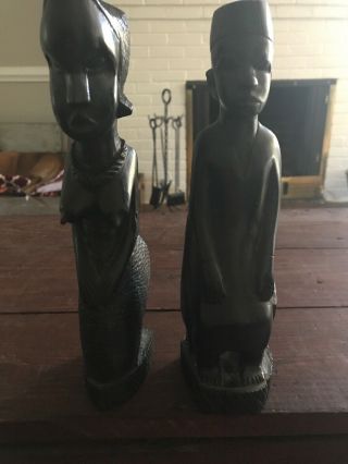 Vintage African Art Carved Wooden Tribal Head Statues Figures Set Of 2,  16.  5”