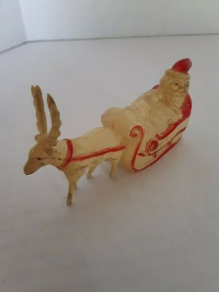 Vintage Miniature Celluloid Santa In Sleigh With Reindeer