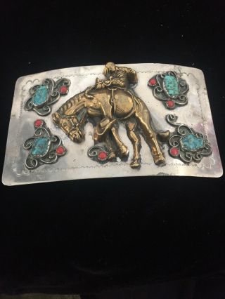Vintage Native American Rodeo Xl Belt Buckle W/ Turquoise & Coral