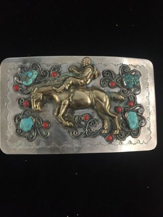Vintage Native American Rodeo Xl Belt Buckle W/ Turquoise & Coral 2