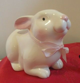 White Bunny Rabbit With Pink Bow Ceramic Easter Bunny