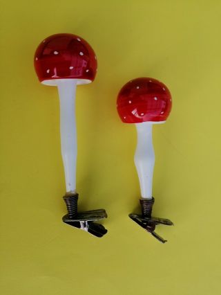 2 Vintage Clip - On Glass Mushrooms Christmas Ornaments