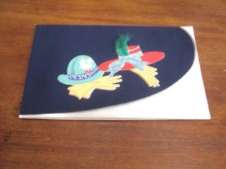 Vtg Mcm Christmas Card,  Dark Blue W/ Hats Gloves Real Feather,