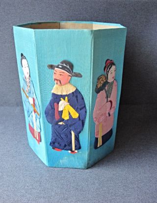 Vintage Chinese Painted Silk Paper & Hair 8 Immortals Cardboard Folding Box