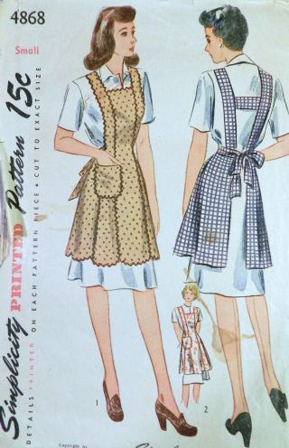 Vtg 1940s Wwii Home Front Simplicity 4868 Bib Apron Sewing Pattern 32 - 34 Bust