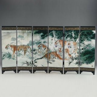 Chinese Lacquer Old Handwork Painted Five Blessing Tiger " Six Fold Screen Deco "