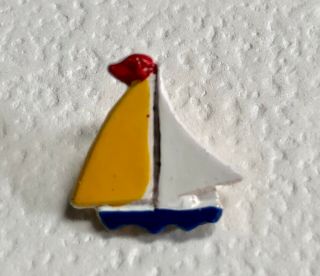 Vintage Hand Painted Aluminum Button,  Sail Boat - Yellow,  Blue,  White & Red Flag