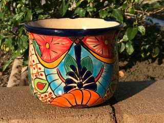 Authentic Talavera Ceramic Pot 7 " Flower Planter Pottery Hand Made Blue Rim Leav