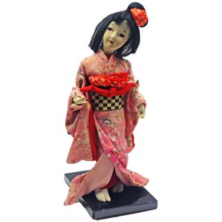 Vintage Hand Painted Japanese Geisha Doll,  Stand,  Cloth Face Hands,  Pink Kimono