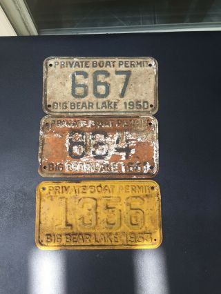 Three Vintage 1950’s Boat License Plates Permit.  Big Bear Lake
