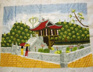 Hand Embroidered Silk Asian Scene Unframed Pagoda Waterlily Pond 19 X 14 " Design