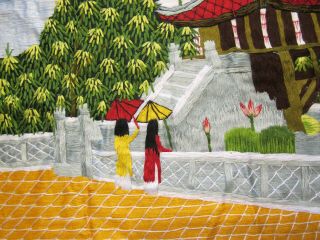 Hand Embroidered Silk Asian Scene Unframed Pagoda Waterlily Pond 19 x 14 