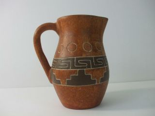 Southwest Pottery Brown Pitcher Jug Vase Native American Carved Symbols 8 " Tall