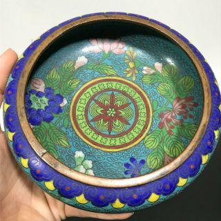 Vtg Rare Chinese Cobalt Blue Painted Cloisonné Floral Cloud Enamel Bowl Dish
