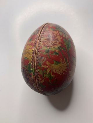 Rare Vintage German Paper Mache Easter Egg Container Red Floral Blue